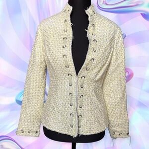 vtg 90s/y2k isabel usa preppy boho leather laced distressed tweed jacket, sz xs